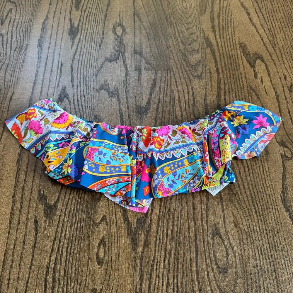 Trina Turk Vibrant Ruffled Bandeau Strapless Bikini Swim Suit Top Size 4 Small
